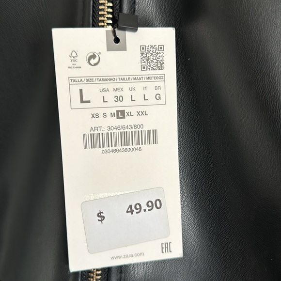 Zara Black Faux Leather Fitted Zip-Up Jacket Ruched 3/4 Sleeve Size Large - Picture 6 of 6